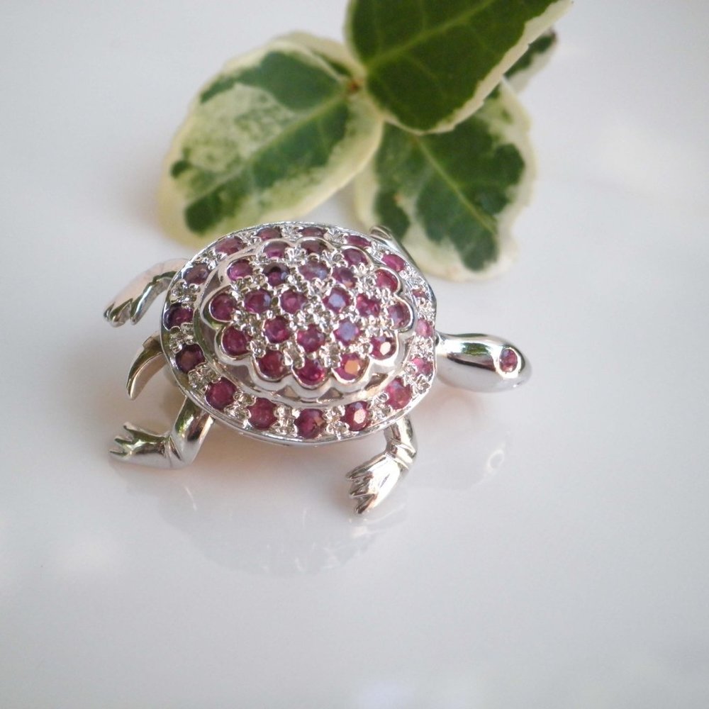 Chapal Zenray Genuine Rubies 925 Sterling Silver Turtle Brooch Pin Pendant